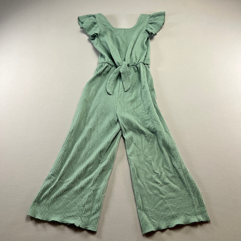 Lily Bleu Jumpsuit Girls 8 Green Waffle Knit Tie Front Ruffle Sleeve Wide Leg